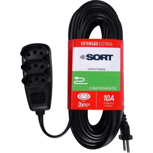 EXTENSAO ELETRICA 3 PINOS  3MT 3 TOMADA PRETA SORT PP